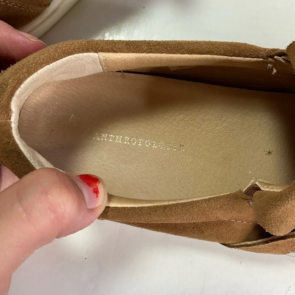 Anthropologie‎ Suede Fringe Slip On Loafers Size 38